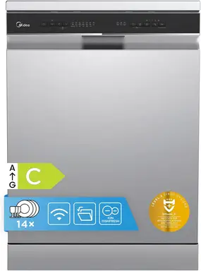 Midea MDWEF1433D(SS)-WG-UK Freestanding Full Size Dishwasher With Cutlery Tray, Stainless Steel, C Rated