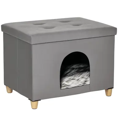 PawHut Niche chat maison de chat design surélevé avec coussin amoviable et lavable en peluche doux repose-pieds, dessus ouvrable, gris