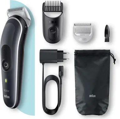 Braun Bodygroomer Series 5, Elektrischer Körperrasierer für Männer mit 3 Aufsätzen, Kabelloser Trimmer für Intim- und Körperpflege, 100 Min Akkulaufzeit, Wasserdichter Körperhaarschneider, BG5350, Grau
