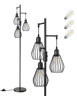 EDISHINE Stehlampe Wohnzimmer, 3-flammige Stehleuchte Dimmbar mit E27 LED-Glühbirnen, Käfig Lampenschirm aus Metall, 2700K warmweiß, Industrial Standleuchte für Schlafzimmer und Büro, 166 cm, Schwarz