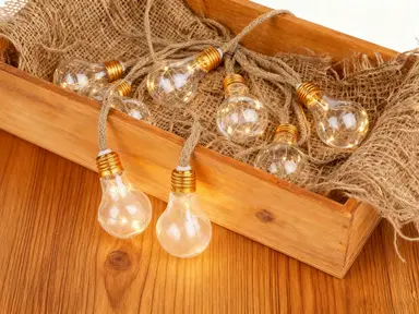 SALE Outdoor Hemp Rope LED String Lights with Clear Plastic Bulbs10×5L Warm White LEDs, 10 Bulbs (6×9cm/bulb), 30cm Spacing, 50cm Hemp Cord, Gold Metal Base With 3AA Battery Box (Outdoor/Timer Function), Battery Not Included