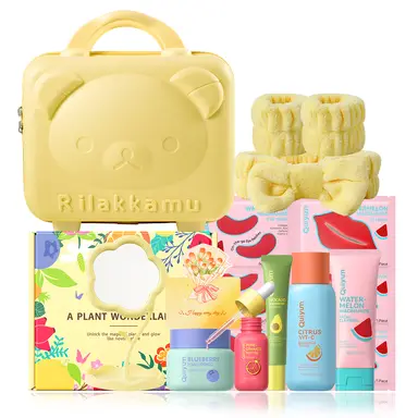 QUIYUM Fruit Skincare Set (14pcs): Includes Cleanser 100g, Toner 160ml, Eye Cream 20g, Serum 30ml, Cream 50g, Eye Masks 6g×3, Lip Masks 6g×3, plus a Headband, Makeup Mirror, and a 14-inch Cartoon Yellow Travel Case.