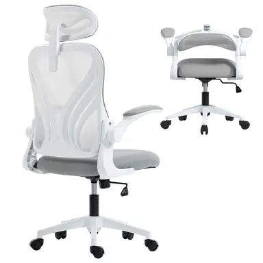 HOMCOM Foldable Desk Chair, Mesh Office Chair with Folding Backrest, 2D Headrest, Flip-up Armrest, Lumbar Support, Swivel Wheels,Space Saving Chair for Home Office, Light Grey