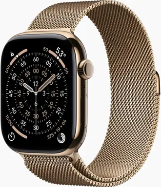 Apple Watch Series 11 GPS + Cellular 46 mm gouden titanium kast met gouden Milanese schakelarmband - S/M