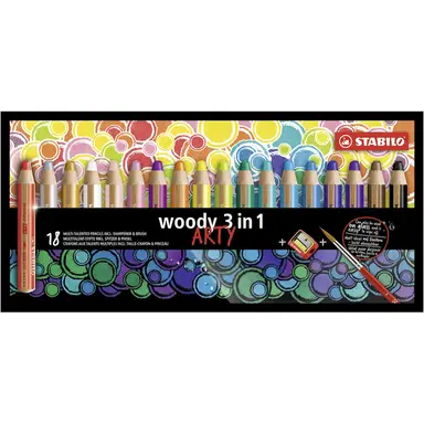 STABILO woody 3 in 1 - Multi-Talented Pencil - ARTY - Pack of 18 - Assorted Colours with Sharpener and Paint Brush