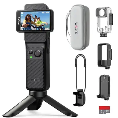 SJCAM C400 Actionkamera 4K, 7 Stunden Akkulaufzeit, 6-Achsen-Stabilisierung, Sportkamera mit Dual-Touchscreen, 30 Meter wasserdicht, Vlog-Kamera mit Zubehörset, Schwarz, inklusive 64 GB-Karte