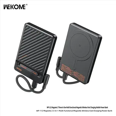 WEKOME WanCi Wang 2 Triple-Function Multi-Purpose Magnetic Wireless Fast Charging Power Bank 5000mAh Three-in-One Fast Charging WP-112 Black, Suitable for Apple, Huawei, Samsung, and Xiaomi Phones