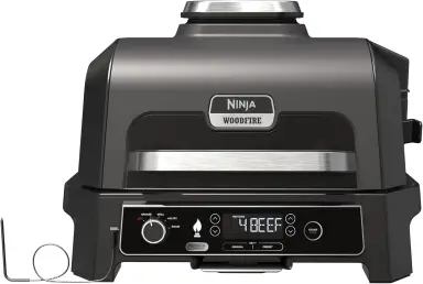 Ninja Woodfire Pro XL Elektrogrill, großer 4-in-1-Außengrill mit Smoker & Heißluftfritteuse, Smart Cook-System & integriertem Thermometer, Holzfeuer-Pellets, wetterfest, tragbar, Grau/Schwarz