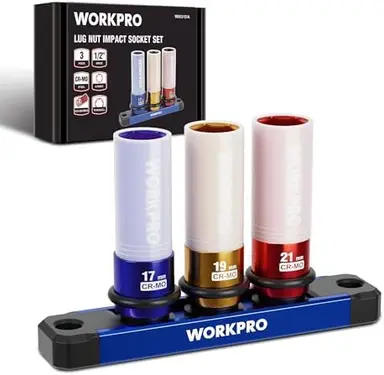 WORKPRO 1/2" Drive Impact Socket Set for Lug Nuts, 3-Piece 17mm 19mm 21mm Protective Wheel Nut Sockets with Rail, Cr-Mo Steel Non-Marring Wheel Socket Set for Car & Tire Repair