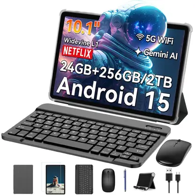 Tabwee T20 Tablette 10,1 pouces Écran Incell, 24(8+16)Go de RAM + 256Go de ROM/2To de carte TF, Gemini IA, Octo-cœur T606 + Appareil photo 8MP, 5000mAh, Widevine L1, Tablette 2-en-1 avec clavier/souris/stylo x10