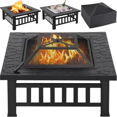 Yaheetech 32'' Outdoor-Quadrat-Feuerstelle Metall-Garten-Ofen Brazier für Grillen, Heizen, Getränke kühlen mit Abdeckung & Schürhaken Schwarz
