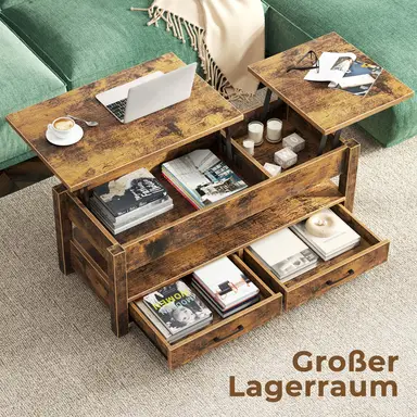 Rolanstar holz-couchtisch mit ausklappbarem tablett, wohnzimmertisch mit 2 schubladen, großem verstecktem stauraum und offenem fach, rustikaler industriestil für das wohnzimmer, vintage-braun