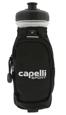 Pack de gourde d'eau de performance Grab and Go avec sangle de main réglable. Poche zippée. Carte JO et accents réfléchissants avec gourde HDPE de 500 ml.