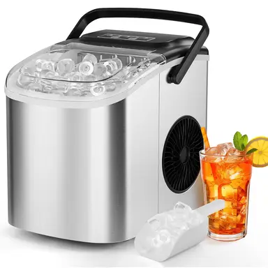 Ice Cube Machine, 9 Cubes in 6 Minutes, 2 Sizes, Stainless Steel Maker with Self-Cleaning, Shovel and Basket, for Kitchen, Of