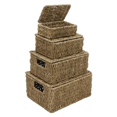 JVL Hand Woven Seagrass Rectangular Lidded Storage Baskets – Set of 4