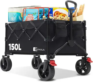 SUNULA Chariot Pliable de Plage 120KG Transport Repliable 4 Faces, poignée à déclic & Roues Tout-Terrain Freins 150L, Noir