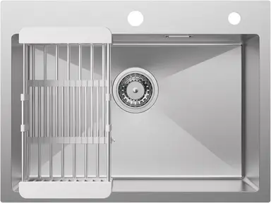 CECIPA Küchenspüle 60 x 45 cm, gebürstetes Edelstahl 304, quadratisch, mit Ablaufkorb und Siphon, 2 Hahnlocherungen, Einbau-Einzelschüssel