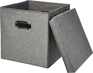 ANQI Foldable Burlap Cloth Cube Storage Bin with Lid, Gray, Set of 2