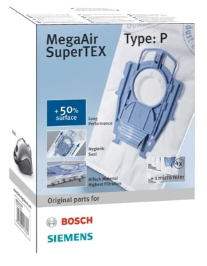 Bosch Megaair Super Tex Typ P Staubsaugerbeutel, Groß 6 L Kapazität und inklusive Mikro-Hygienefilter für den Motor - 4er Pack
