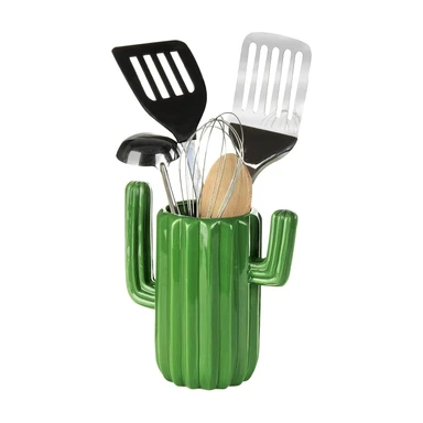 MyGift Keramik-Kaktus Utensilienhalter, Südwestliches Grünes Arbeitsplattengefäß – Robuster Küchenorganisator für Löffel, Pinsel, Wüsten- & Kaktus-Dekor