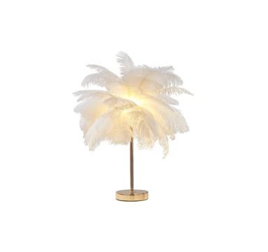 Moderne Tischlampe mit Federn in Weiß & Gold