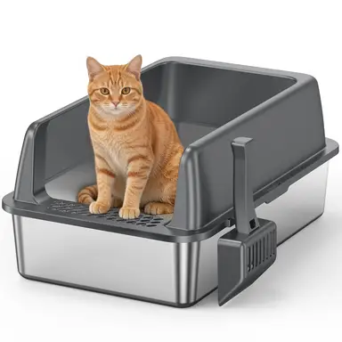 VVM Bac à Litière en Acier Inoxydable avec Couvercle, Grand Format XL pour Chats de Grande Taille, Bords Hauts, Gris foncé (Antiadherent, Facile à Nettoyer, Anti-Fuites d’Urine)