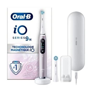 Oral-B iO 9N Elektrische Zahnbürste, Rosenquarz, mit 2 Bürstenköpfen und 1 Reise-Ladegerät, entworfen von Braun, entworfen von Braun