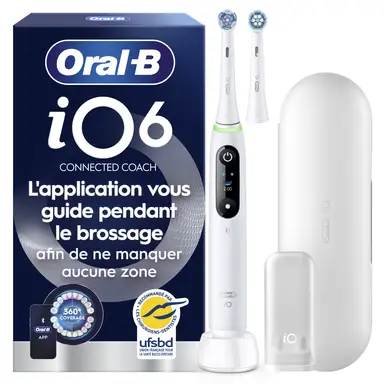 Oral-B iO6 Brosse à Dents Électrique White – Protection Gencives avec Capteur de Pression Intelligent et Lumineux, Écran Interactif, 5 Modes dont Soin des Gencives, Étui de Voyage