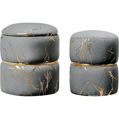 Ckaff Set of 2 Stools with Storage Space, Stool with Storage Space, Makeup Stool, Pouf Ottoman, Ottoman, Round Bouclé Velvet Fabric Footstool with Storage Space for Dressing Table, Bedroom, Living