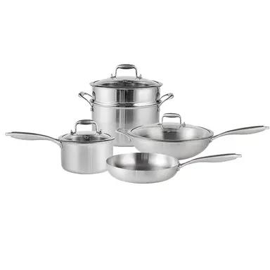 PURECOOK Triple-Ply Stainless Steel Cookware 4-Piece Set Series – 34cm 316 Stainless Steel Wok, 18cm 304 Stainless Steel Milk Pot (with Lid), 24cm 304 Stainless Steel Steamer & Soup Pot (with Lid and Steamer Insert), 28cm 304 Stainless Steel Frying Pan (Lid-Free)  zwilling