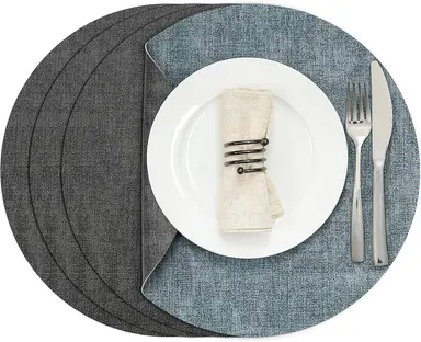 14.9" Round Placemats , Dual-Sided Faux Leather Heat Resistant Table Mats, Waterproof Oilproof Washable Protective Table Placemats , Wipeable Vinyl for Indoor & Outdoor Use，4pcs