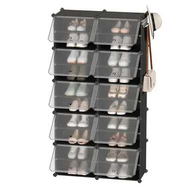 SONGMICSHOME  Modular Shoe Storage Cabinet, 10-Compartment Organiser with Doors, Plastic Panels and Steel Frame, Entryway, Black