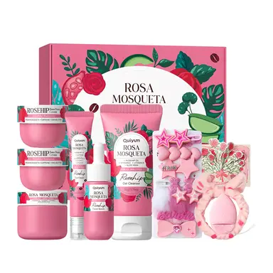 Quiyum Kit de soins à la rose musquée (9 pièces) - Nettoyant visage 50 g, Sérum 30 ml, Crème contour des yeux 20 g, Crème pour le visage 50 g, Crème anti-couches 30 g, avec pinces à cheveux, bandeau pour cheveux, éponge pour le visage, cadeau pour la Fête des Femmes
