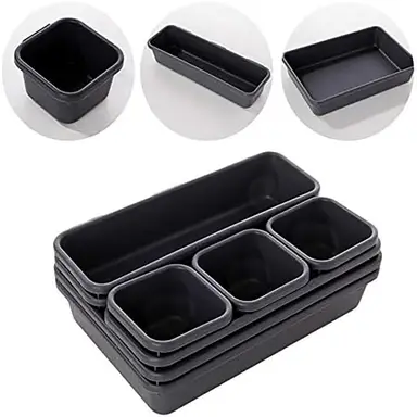 1set of drawer organizer boxes, featuring an integrated divider system, adjustable dividers, and ample storage space for tableware. Suitable for drawers, made of plastic,black