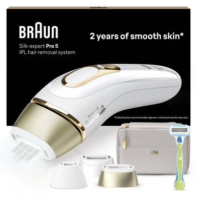 Braun IPL Silk-Expert Pro 5 PL5257, At Home Hair Removal Device with Pouch and 3 attachments, White/Gold, PL5257