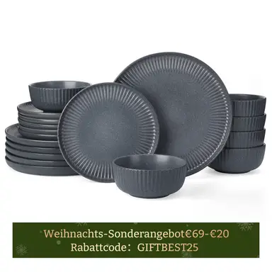 [Rabattcode: GIFTBEST25 €69-€20]  Richmount Starlight 18-tlg. Geschirrset mit texturiertem Rand für 6 Personen， Mattgraue reaktive Glasur， Modern & Formal Dining