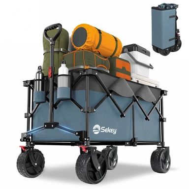 Sekey XXL Plus Bollerwagen Faltbar mit Bremsen 200L 200KG Belastbar, Extra Breite Reifen All Terrain Bollerwagen, Patentiert Zusammenfaltbar aus Vier Richtungen, XXL-PlusB 4011, Blau-Grau