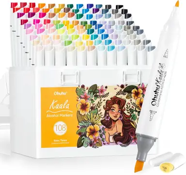 Ohuhu Alcohol Markers Pack of 108 Basic Tones Kaala, Fine & Slim Board