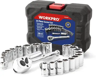 WORKPRO 24-tlg Steckschlüsselsatz 3/8" Ratsche 11 Metrisch 10 SAE Verlängerung Zündkerze Koffer