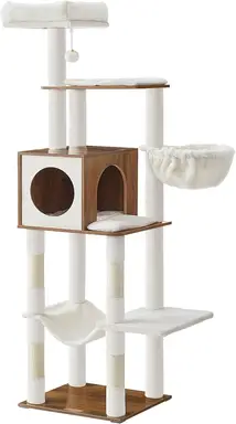 Feandrea Katzenkratzbaum, 165 cm hoch, mehrstöckig mit Höhle, Liegemulde, Hängematte, Plüschball, Kratzstämmen, honigbraun PCT118K03