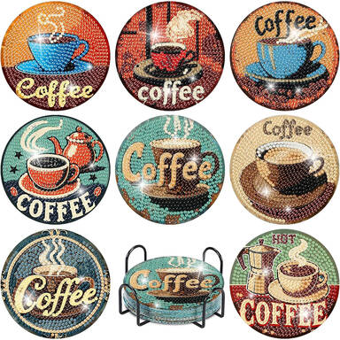 JU7CER Coffee Diamond Painting Coaster Set - 8-Piece Square Decorative Art Coasters with Stand | Adult DIY Craft 4×4 Inches (10×10cm)