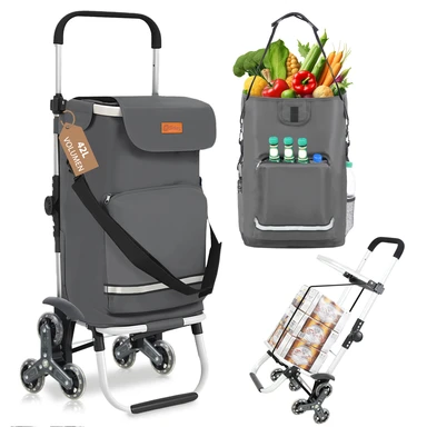 42L Shopping Trolley Stair Climber, 3-in-1 Trolley Shopping Cart Foldable, Hackenporsche Folding Foldable Shopping Trolley, Hackenporsche with Hooks, 6 Wheels & Large Capacity, Grocery Hauling Cart, Portable Shopping Aid, Spacesaving Cart, Gray