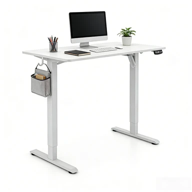 Ochama Elektrischer Sitz-Steh-Schreibtisch - Höhenverstellbar, 70 kg Tragfähigkeit, Sofortbetrieb, Robustes Stahlpaneel mit Aluminiumlegierungsstäben - Für Zuhause/Büro, Computer-/Lern-/Arbeitsschreibtisch - Weiß, 120 x 60 cm