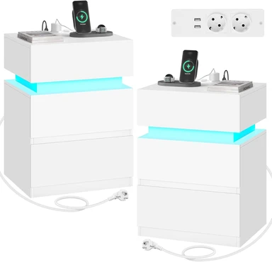 WOLTU 2er-Set Nachttische mit Ladestation & LED-Beleuchtung, Weiß, USB & Steckdosen
