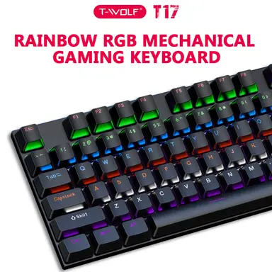 Rexsun T17 100% Wired Mechanical Keyboard, QWERTY US layout, 104 Keys, RGB Backlight, USB Wired, Anti-Ghosting, Ergonomic Design, Compatible with Windows & Mac, Black, T17