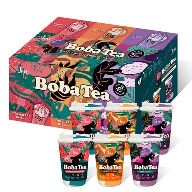 Playbubble Bubble tea-mix in bekers, 6 bekers x 85 g (taro/2 bekers, melkthee/2 bekers, aardbei/2 bekers)