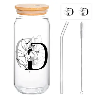 Alphynix 1pc Modern Glass Cup, 500ml Tall Iced Coffee Glass with Monogram "D" Design, Bamboo Lid & Straw, Cold Drink Tumbler for Iced Tea, Juice, Boba