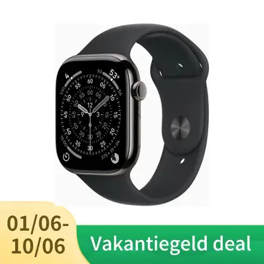 Apple Watch serie 11 GPS + mobiel 42 mm leigrijze titanium kast met zwarte sportband - M/L