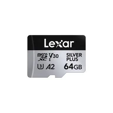 Lexar Silver Plus 64GB Micro SD Card up to 205 MB/s, MicroSDXC UHS-I Flash Memory Card with Adapter, C10, U3, A2, V30, Full HD, 4K UHD, High Speed TF Card for Drone, Action Camera, Handheld Consoles