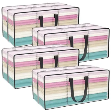 Pack of 4 Large Storage Bags with Lid, Transparent Moving Boxes Large with Zippers Handle Clothes Storage Moving Bags for Moving Camping Bed Linen Clothing Storage
